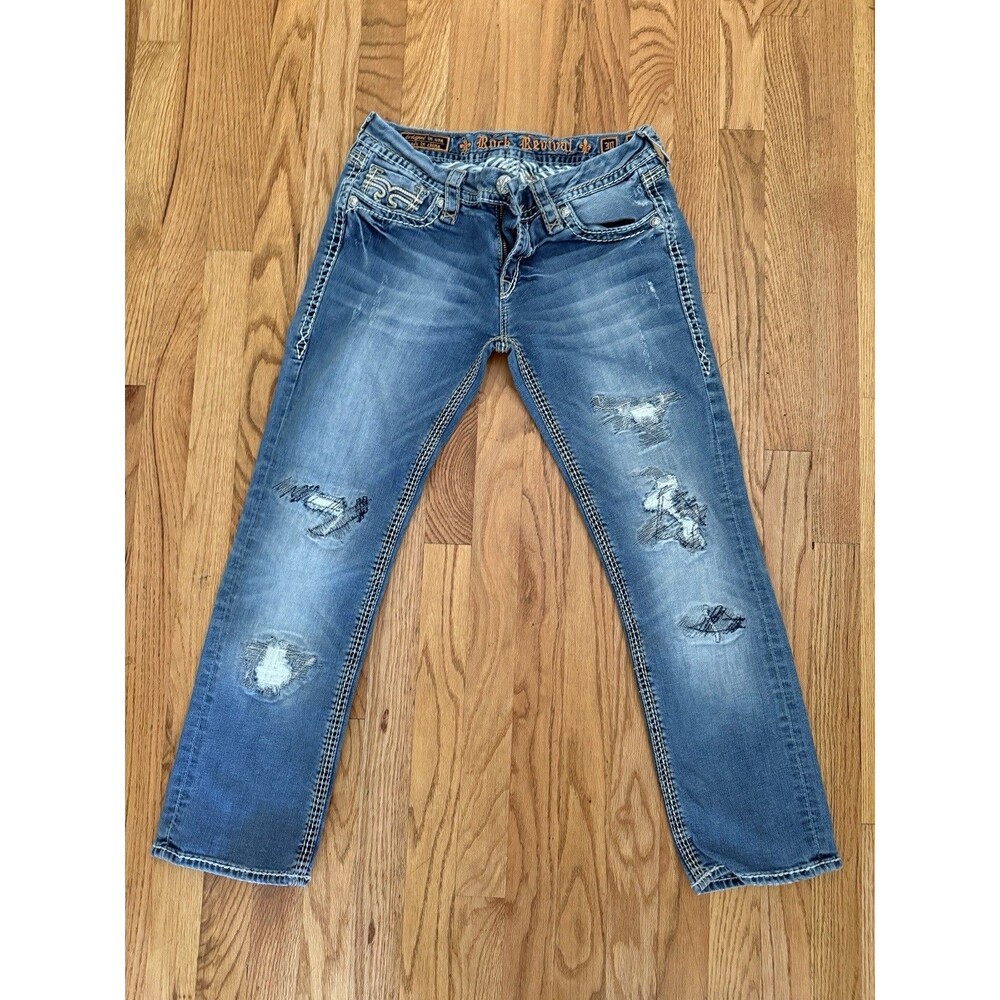 Rock Revival Women's Heidi Capri Jeans Distressed Embellished Denim Size 30‎